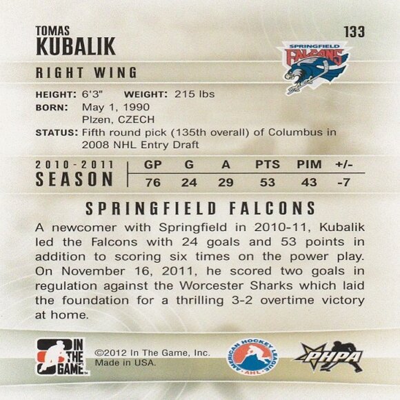 Tomas Kubalik - 2012 In The Game Heroes & Prospects Hockey Card - Picture 2 of 2